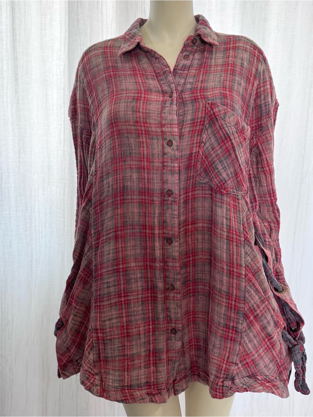 Free People M Pink Red Flannel Plaid Tunic Top Boho Hippie Long Sleeve Shirt - Picture 5 of 12